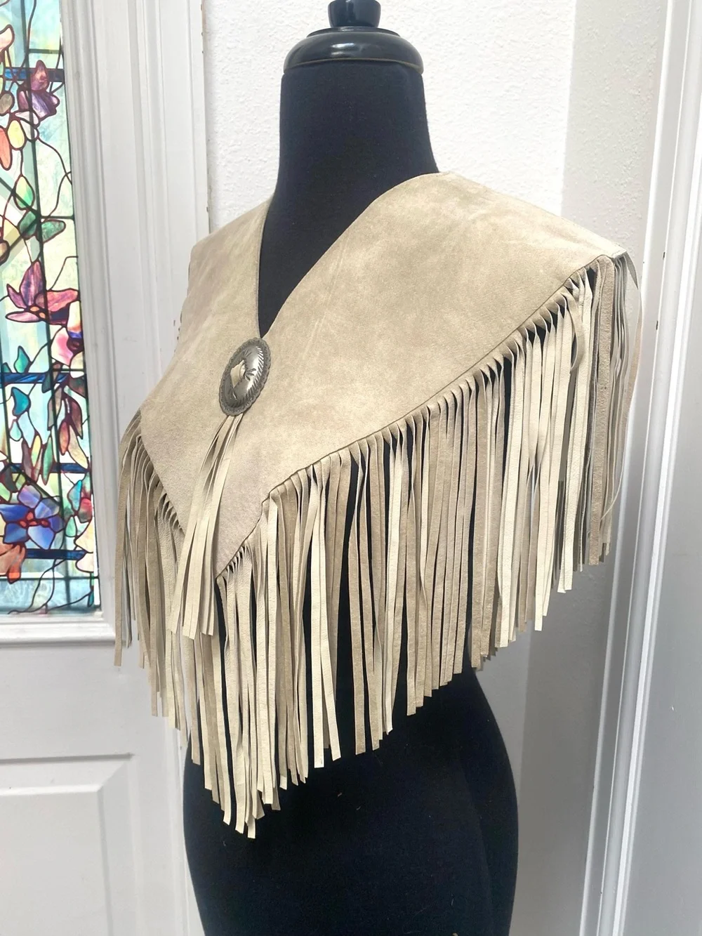 Vintage Santa Fe Collar by Carlene Southwestern Leather Fringe Capelet Concho